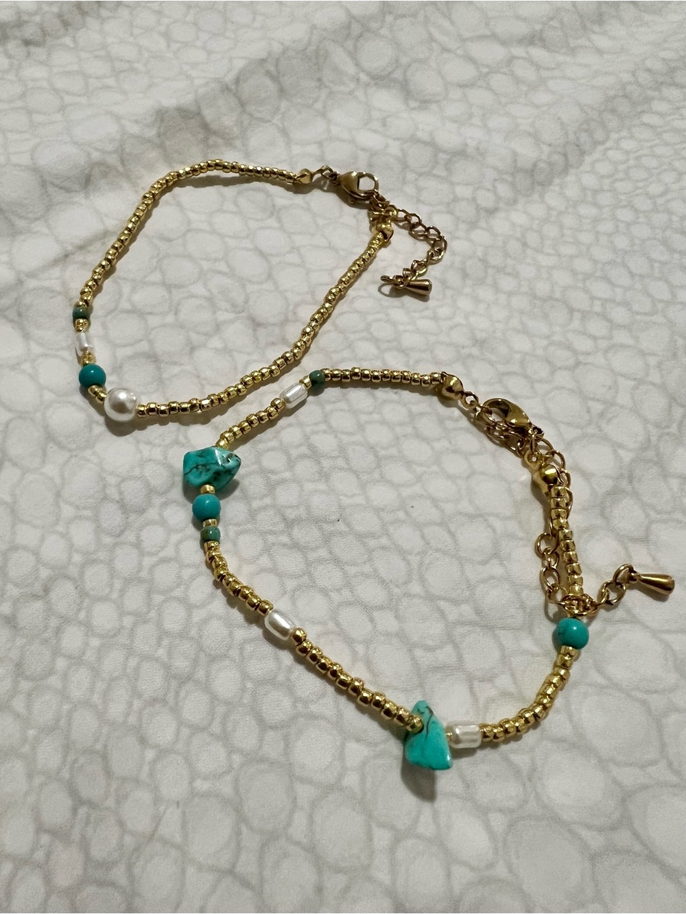 Handmade Set Gold Beaded Anklet/Bracelet with Turquoise Beads and Pearls